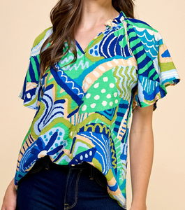 Aqua Abstract Printed Blouse with V-Neck