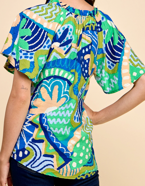 Aqua Abstract Printed Blouse with V-Neck