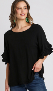 Black Linen Ruffle Top