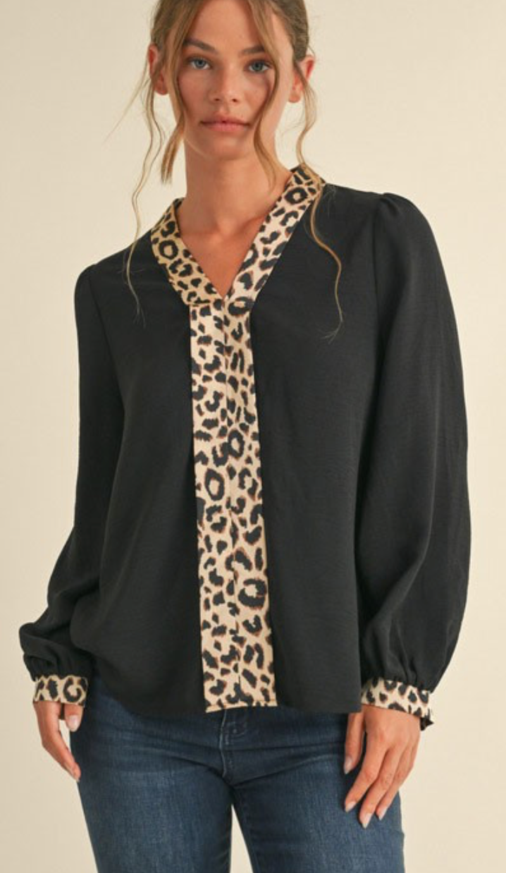 Solid Black Long Sleeve with Leopard Print Trim