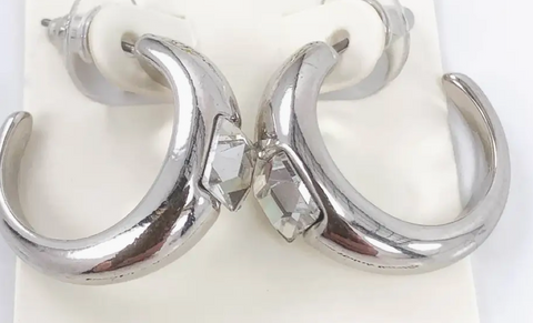 Silver Hoop Earrings with Rhinestone Feature