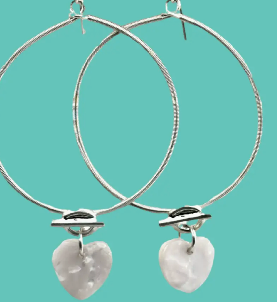 Silver Drop Hoops with Mother of Pearl Heart Charm