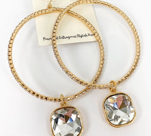 Rhinestone Hooops with Square Crystal Charm (Silver or Gold)