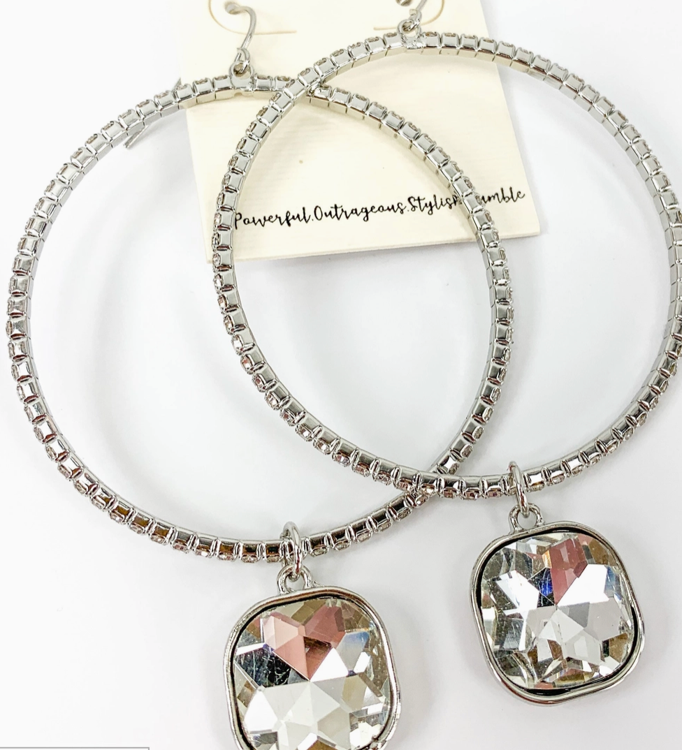 Rhinestone Hooops with Square Crystal Charm (Silver or Gold)