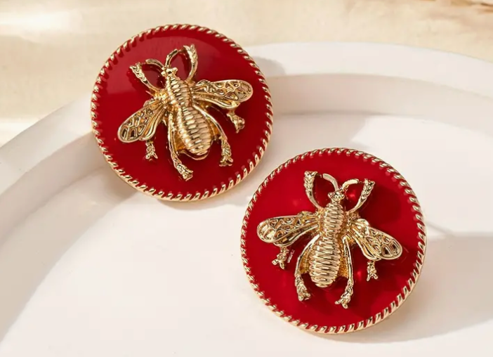 Circular Red and Gold Bee Stud Earrings