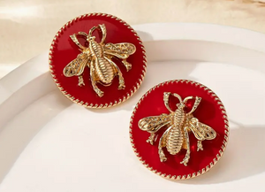 Circular Red and Gold Bee Stud Earrings