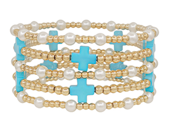 Set of 4 Gold Beaded Cross and Pearl Bracelets (2 Colors)