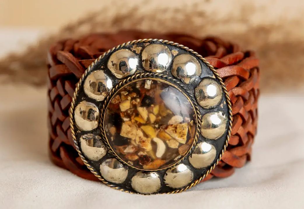 Wide Brown Stone Desginer Genuine Leather Belt