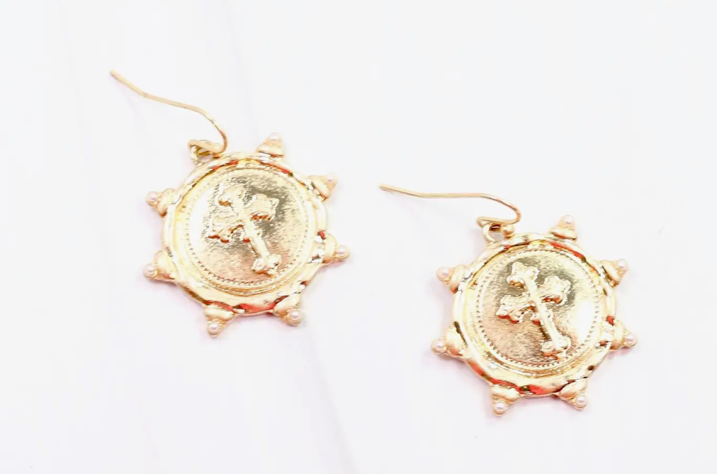 Lindsay Cross Gold Drop Earrings
