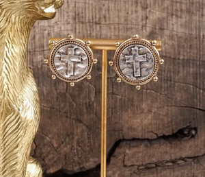Silver Two Tone Cross Coin Earrings
