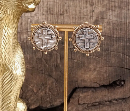 Silver Two Tone Cross Coin Earrings