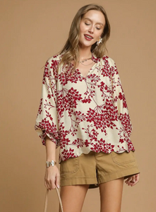 Cherry Blossom Print Scalloped Hem Blouse