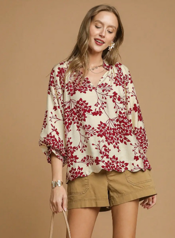 Cherry Blossom Print Scalloped Hem Blouse