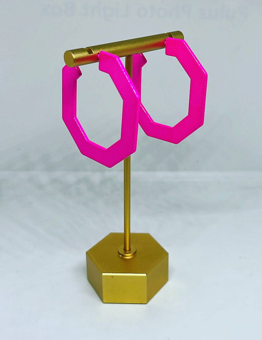 Metal Neon Pink Hexagon Hoops