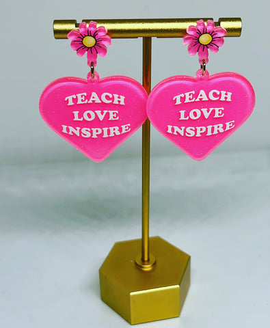 Teach Love Inspire Pink Glitter Earrings