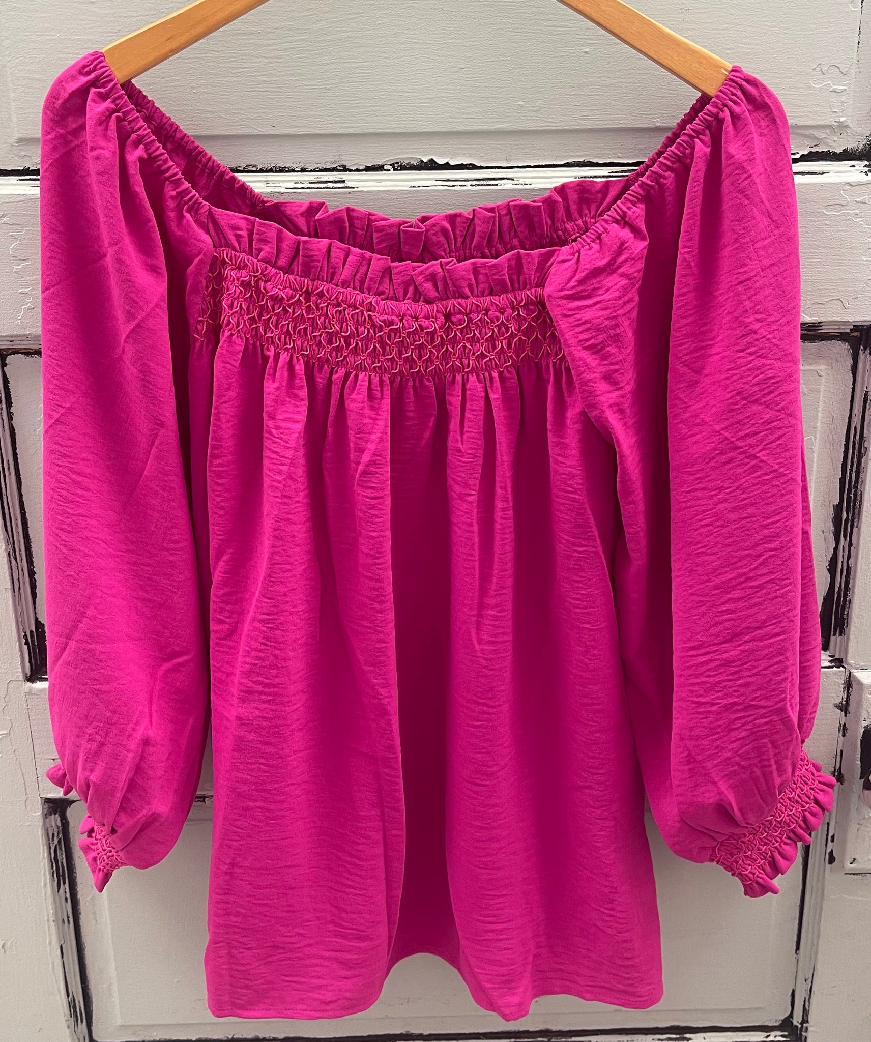 Smocked Neckline with Long Bubble Sleeves Hot Pink Top
