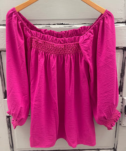 Smocked Neckline with Long Bubble Sleeves Hot Pink Top