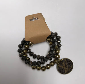 LV Pendant with Pewter and Gold Stretch 3 piece Bracelet Set