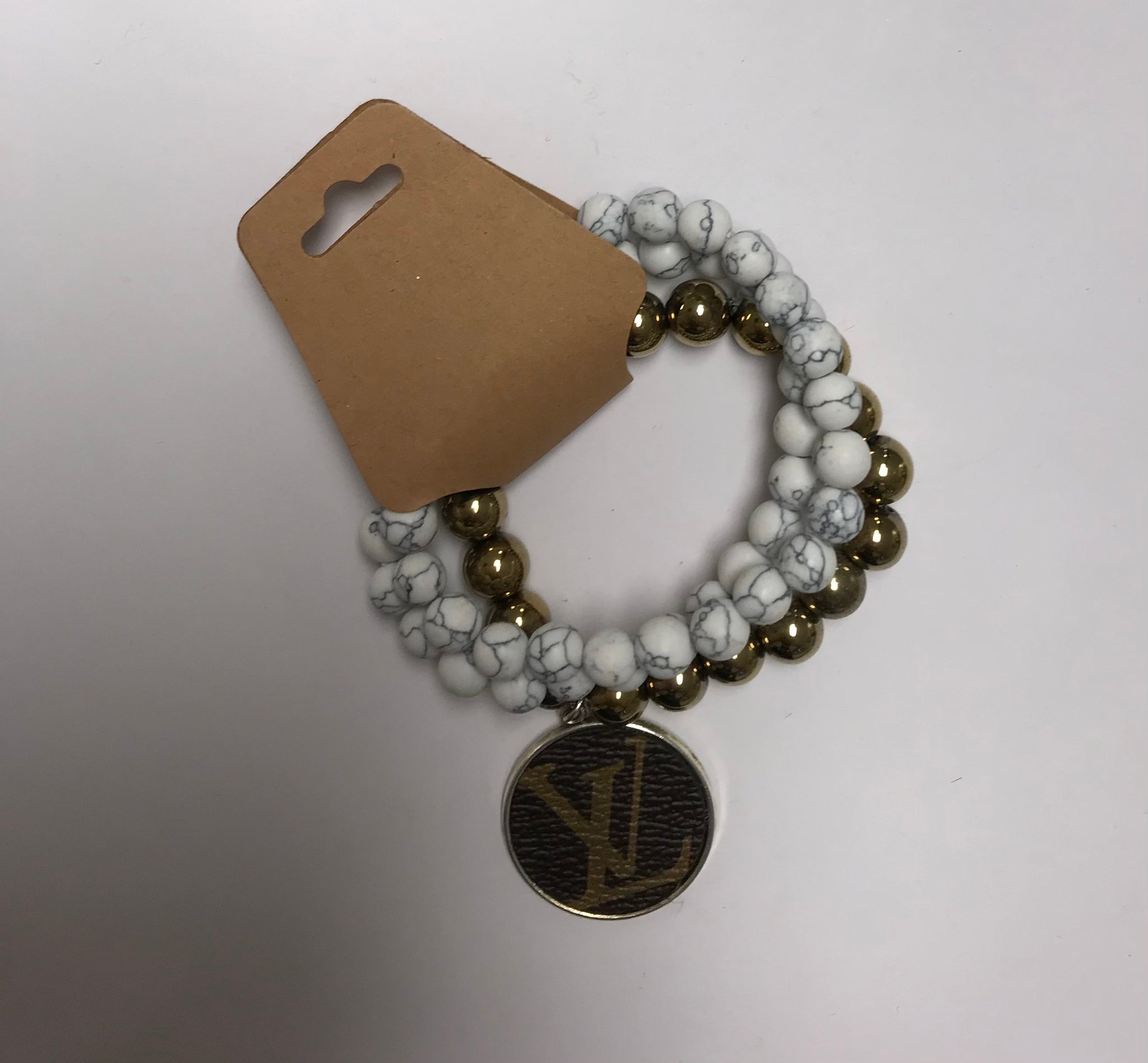 LV Pendant White Marble and Gold Bead Stretch 3 piece Bracelet Set