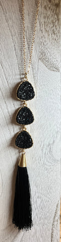 Triple Druzy Pendant Necklace with Tassel