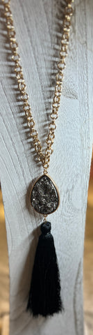 Gold Chain Necklace with Charcoal Druzy Pendant and Black Tassel