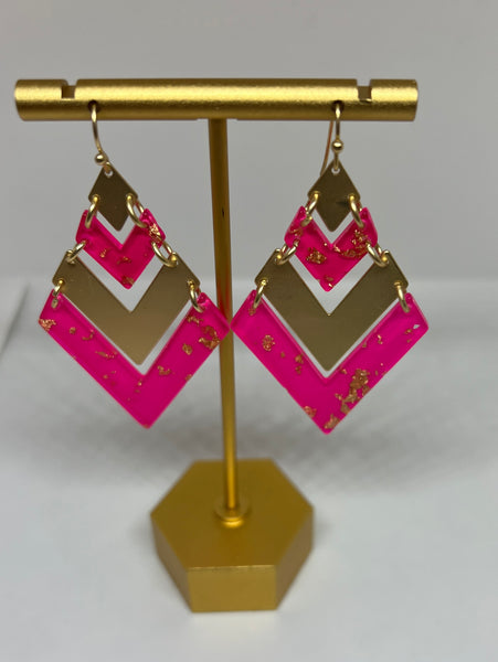 Diamond Shaped Acrylic Drop Earrings with Gold Flakes