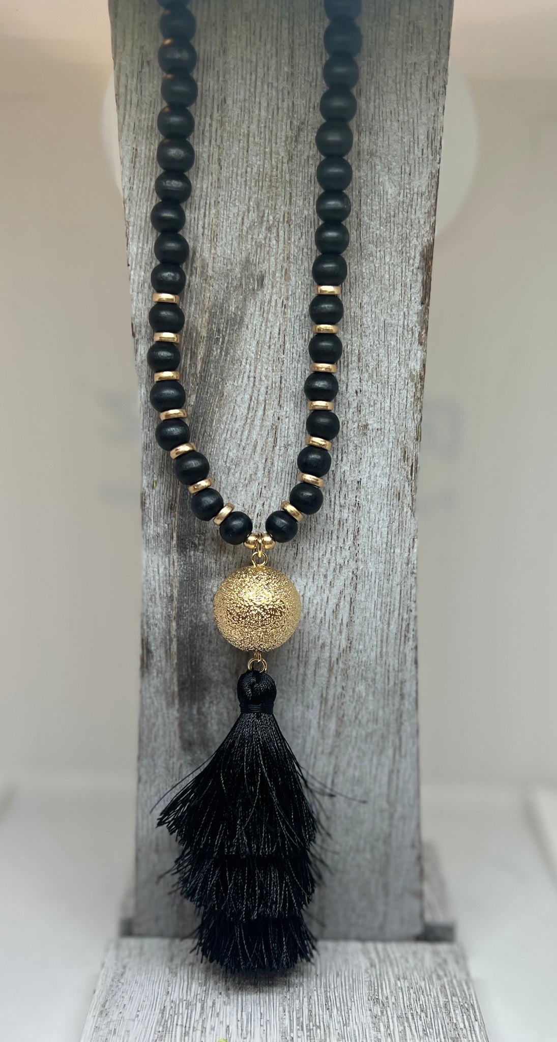 Black Bead Black Tassel with Gold Ball Necklace