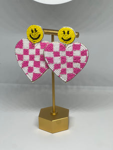 Smile Pink Checkered Seed Bead Earrings