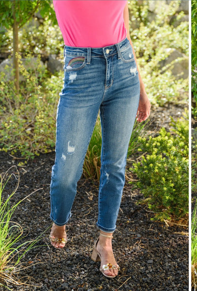 Judy Blue Hi-Rise Rainbow Embroidery Cropped Straight Leg