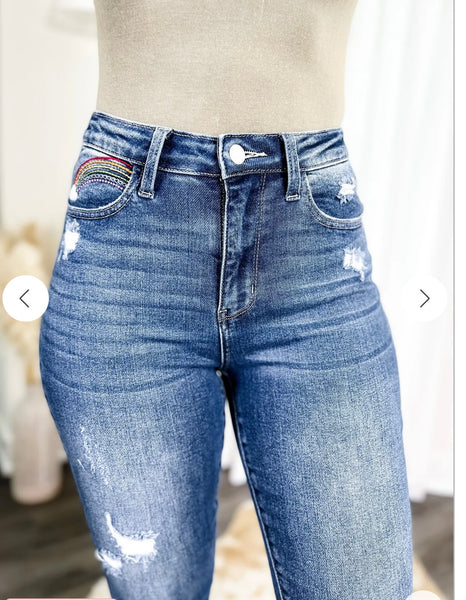 Judy Blue Hi-Rise Rainbow Embroidery Cropped Straight Leg