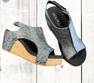 Carley Metallic Charcoal Leopard Wedges by Corkys
